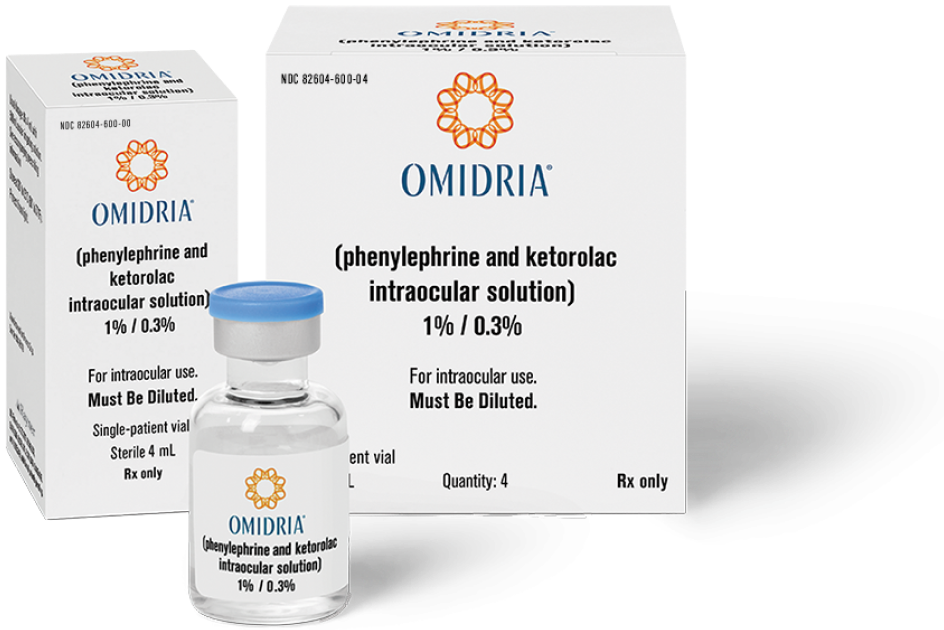 Photo of OMIDRIA vial and 2 OMIDRIA boxes